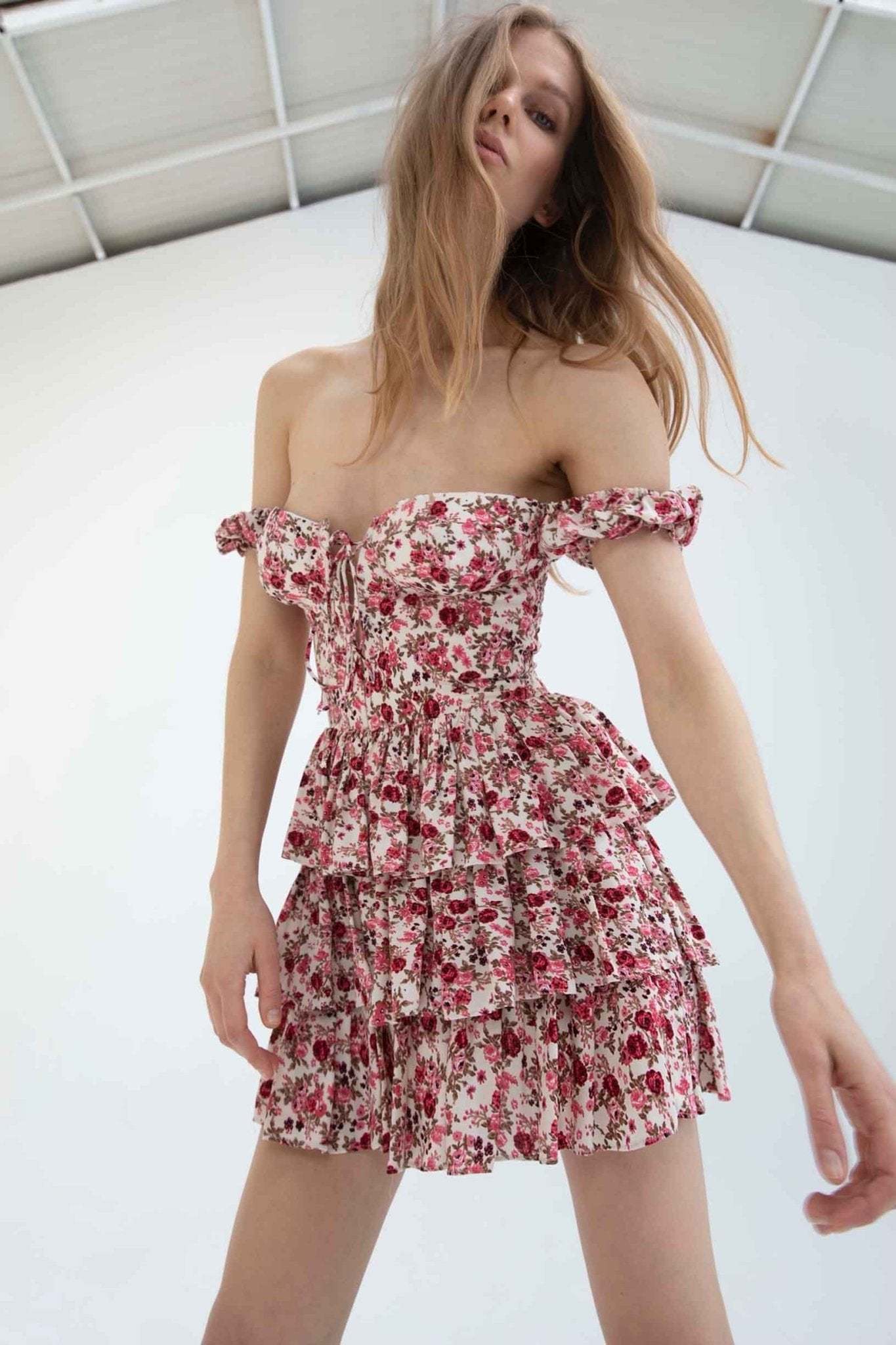 Mabel Printed Corset Tiered Mini Dress-Sunfere