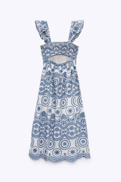 Maud Embroidered Lace Shirred Bodice Midi Dress