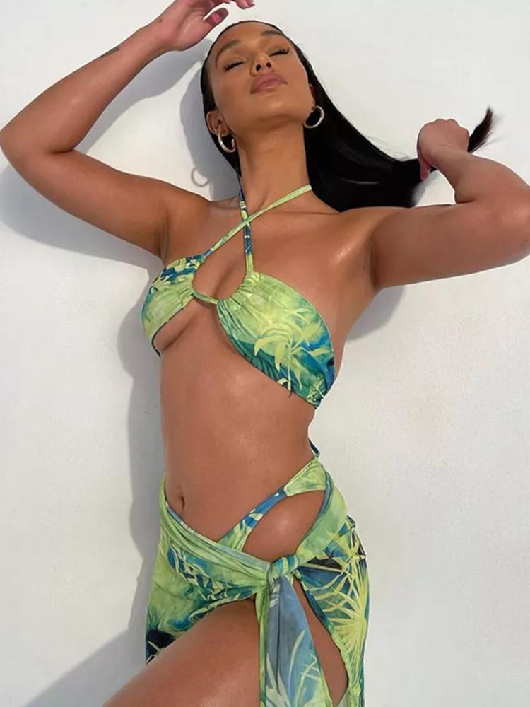 Maxine Tropical Printed Three-piece Bikini Set