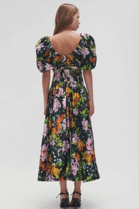 dresses-Megan Printed V-neck Puff Sleeve Midi Dress-SD00604292745-Black-S - Sunfere