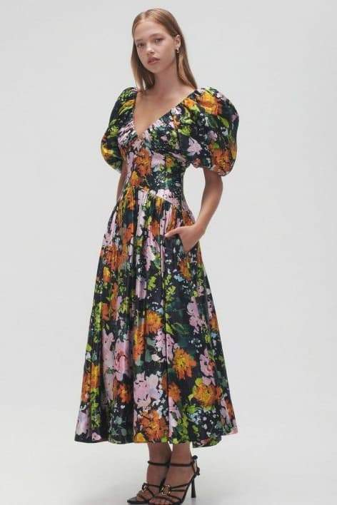 dresses-Megan Printed V-neck Puff Sleeve Midi Dress-SD00604292745-Black-S - Sunfere