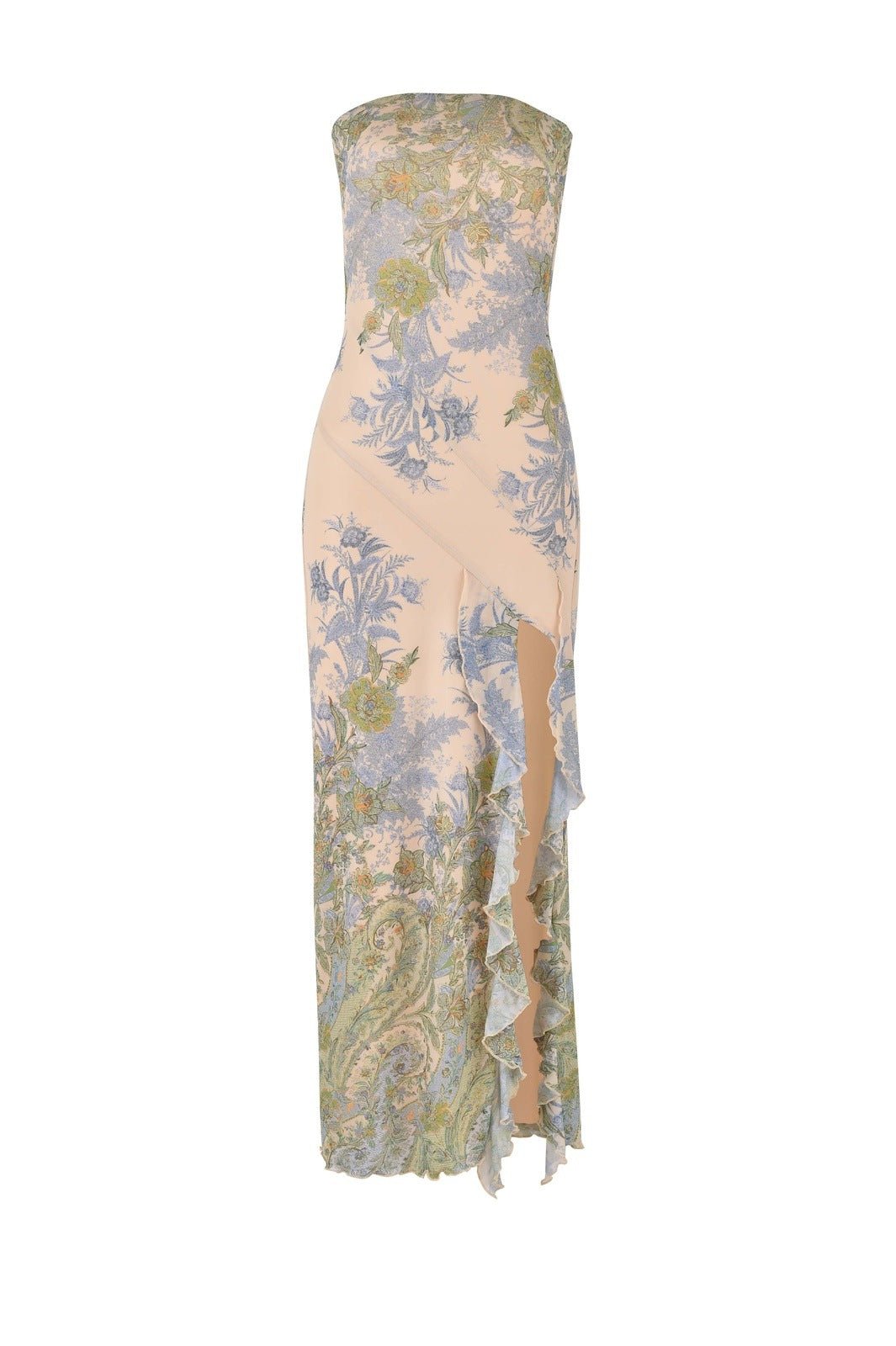 Melinda Printed Strapless Slit Midi Dress