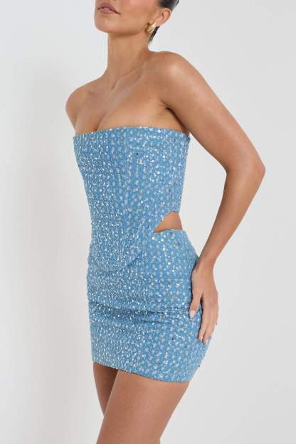 set-Melissa Sequins Denim Skirt Set-SS00601042090-Blue-S - Sunfere