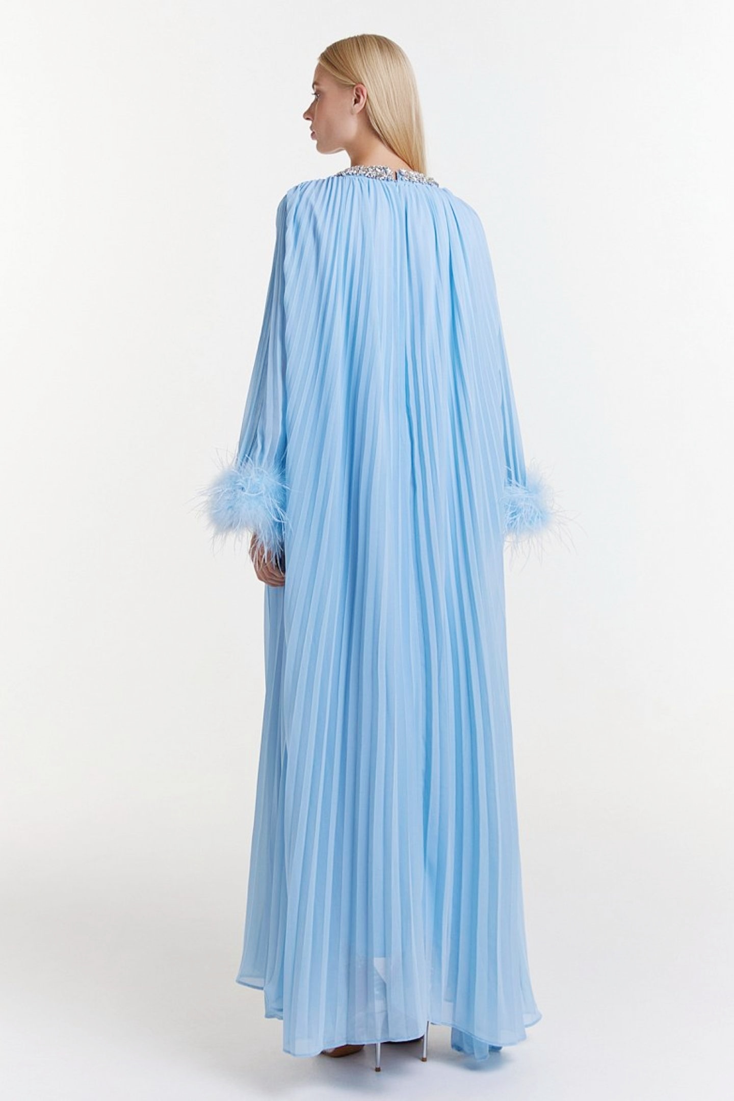 Yvonne Diamante Feathered Pleated Maxi Chiffon Dress