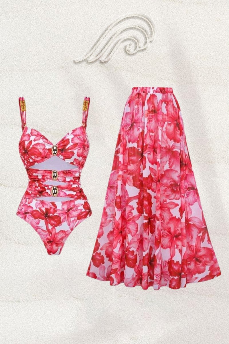 swimwear-Modesty Printed Cut-out Two-pieces Swim Set-SW00605142792-Pink-S - Sunfere