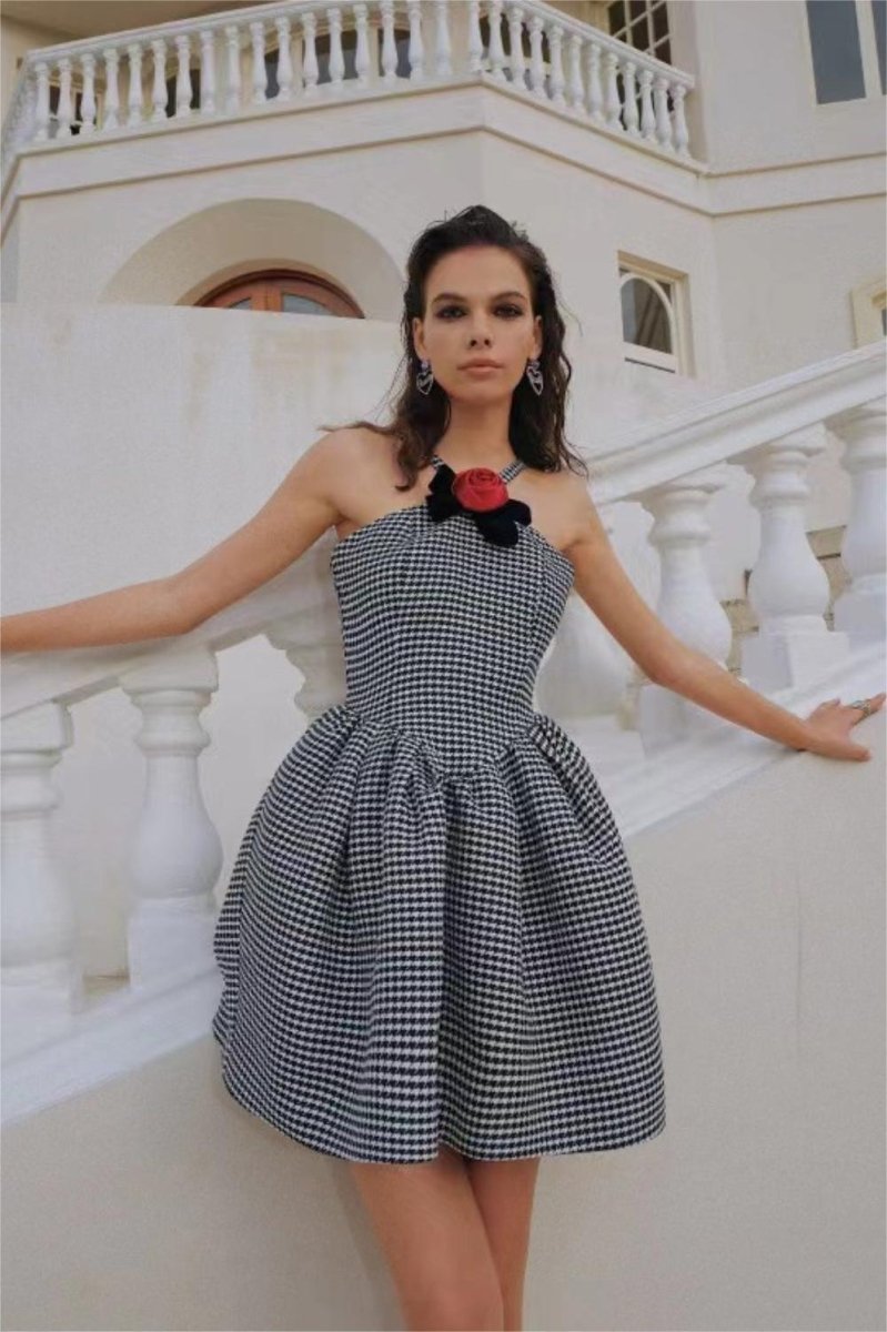 Mona Houndstooth Rose Bow Trimmed A-line Mini Dress-Sunfere