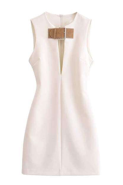 dresses-Mona Sleeveless Metal Buckle Mini Dress-SD00604022611-White-S - Sunfere