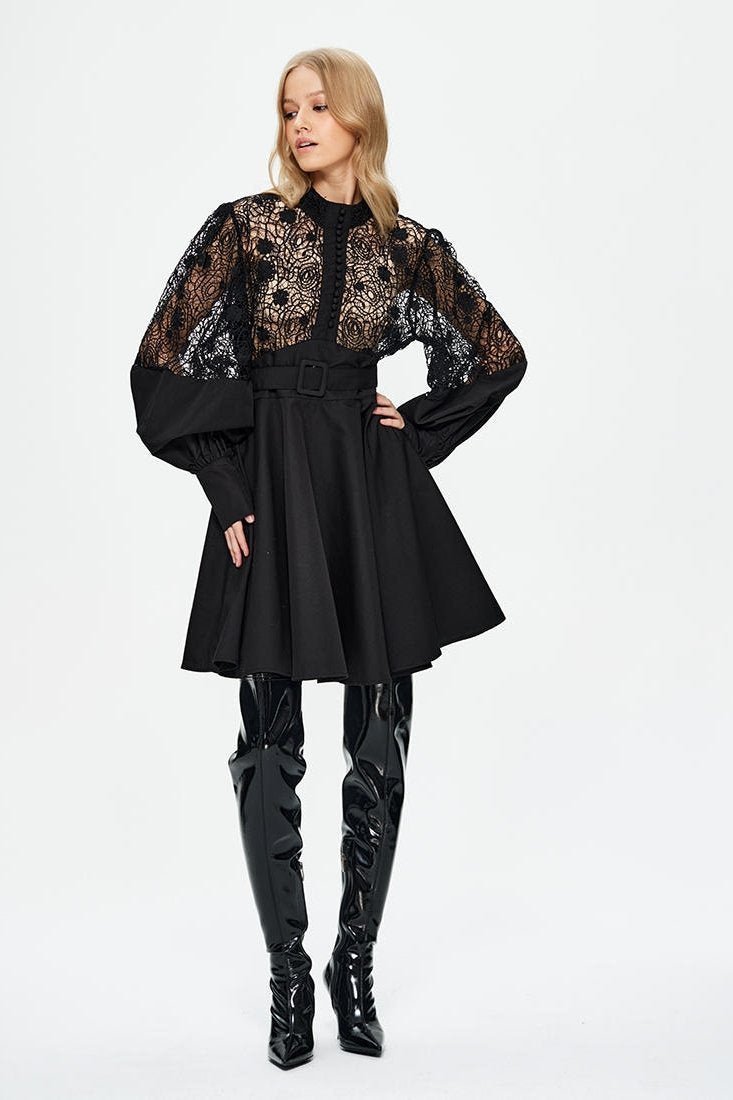 Myra Hollow Embroidered Lace Belted Mini Shirt Dress