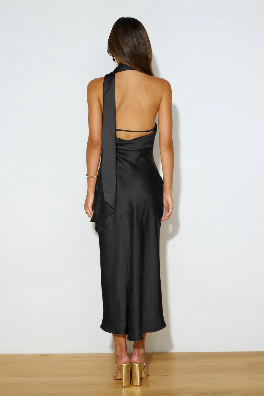 Nad Cowl Halterneck Satin Midi Dress-Sunfere