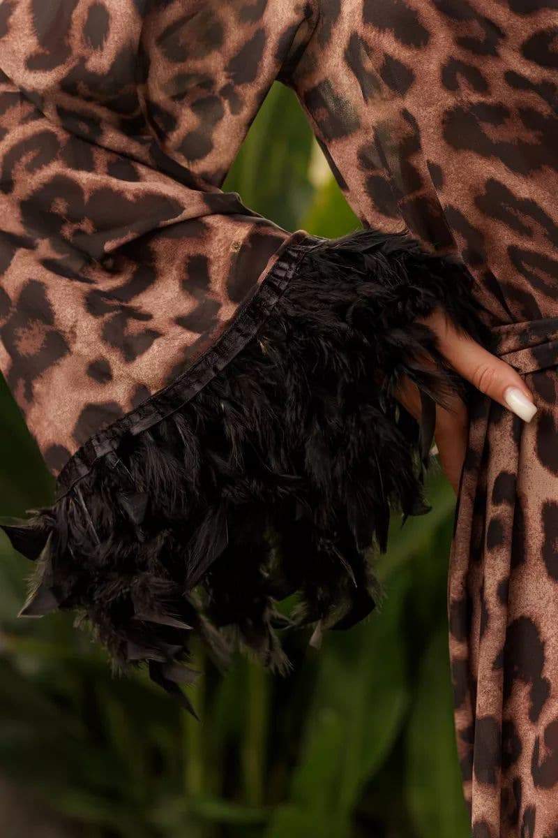 Natalie Leopard Print Feather Maxi Robe-Sunfere