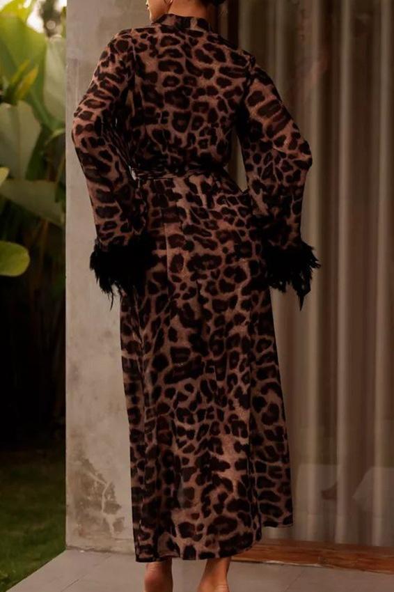 Natalie Leopard Print Feather Maxi Robe-Sunfere