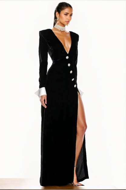Nico V-neck Diamante Slit Velvet Maxi Dress-Sunfere – sunfere