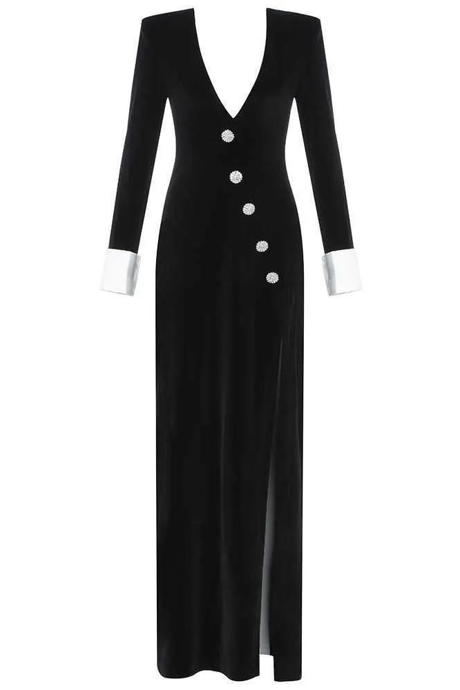 dresses-Nico V-neck Diamante Slit Velvet Maxi Dress-SD00211091874-Black-XS - Sunfere