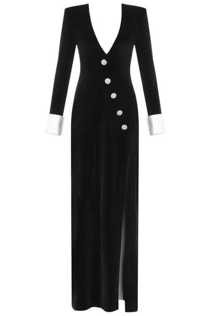 dresses-Nico V-neck Diamante Slit Velvet Maxi Dress-SD00211091874-Black-XS - Sunfere