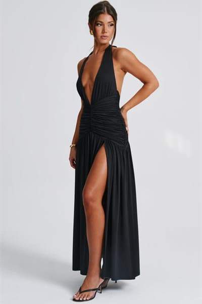 dresses - Norma Halter Deep V - neck Maxi Dress - SD00606122916 - Black - S - Sunfere