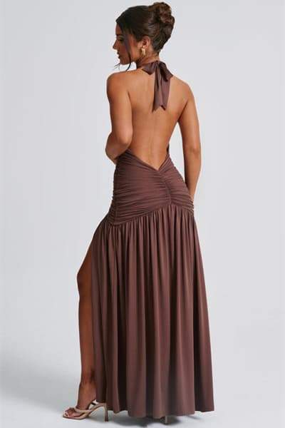 dresses - Norma Halter Deep V - neck Maxi Dress - SD00606122916 - Brown - S - Sunfere