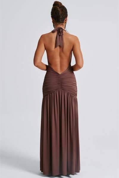 dresses - Norma Halter Deep V - neck Maxi Dress - SD00606122916 - Brown - S - Sunfere