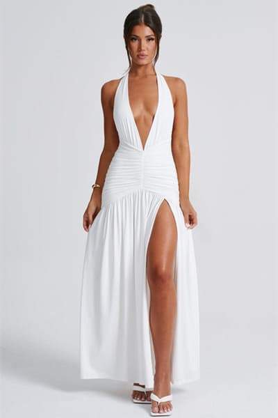 dresses - Norma Halter Deep V - neck Maxi Dress - SD00606122916 - White - S - Sunfere