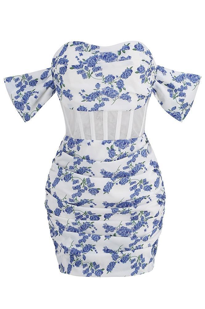 Odelette Printed Off-shoulder Corset Mini Dress