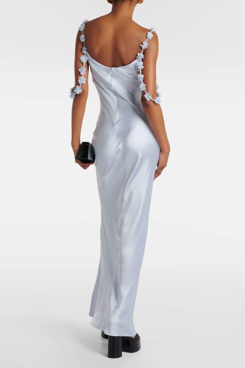 Olive Floral-appliqu�� Satin Maxi Dress-Sunfere