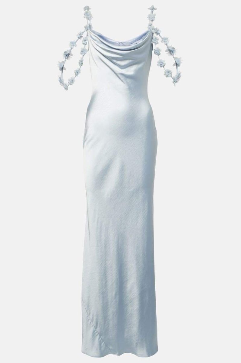 Olive Floral-appliqu�� Satin Maxi Dress-Sunfere
