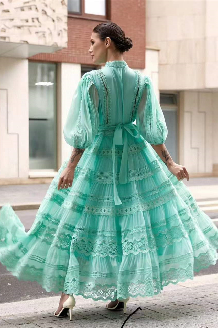 Paula Embroidered Lace Puff Sleeve Maxi Dress