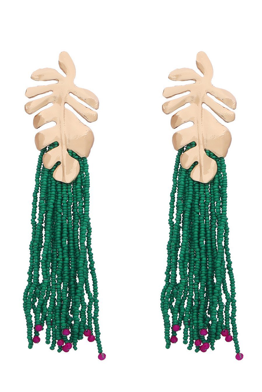 accessories-Palm Frond Beads Tassel Earring-SA00602262315-Green - Sunfere