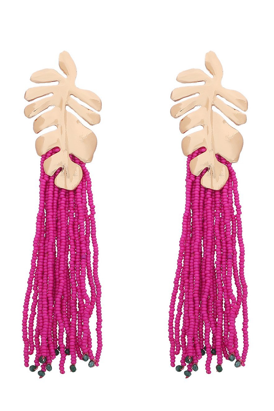 accessories-Palm Frond Beads Tassel Earring-SA00602262315-Hot Pink - Sunfere