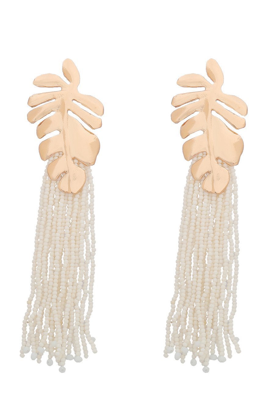 accessories-Palm Frond Beads Tassel Earring-SA00602262315-White - Sunfere