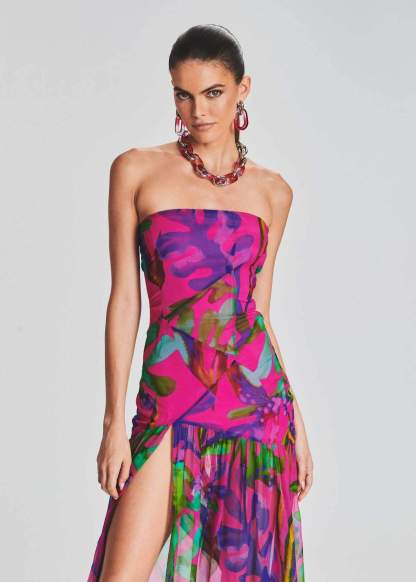 Pam Printed Strapless Slit Maxi Dress