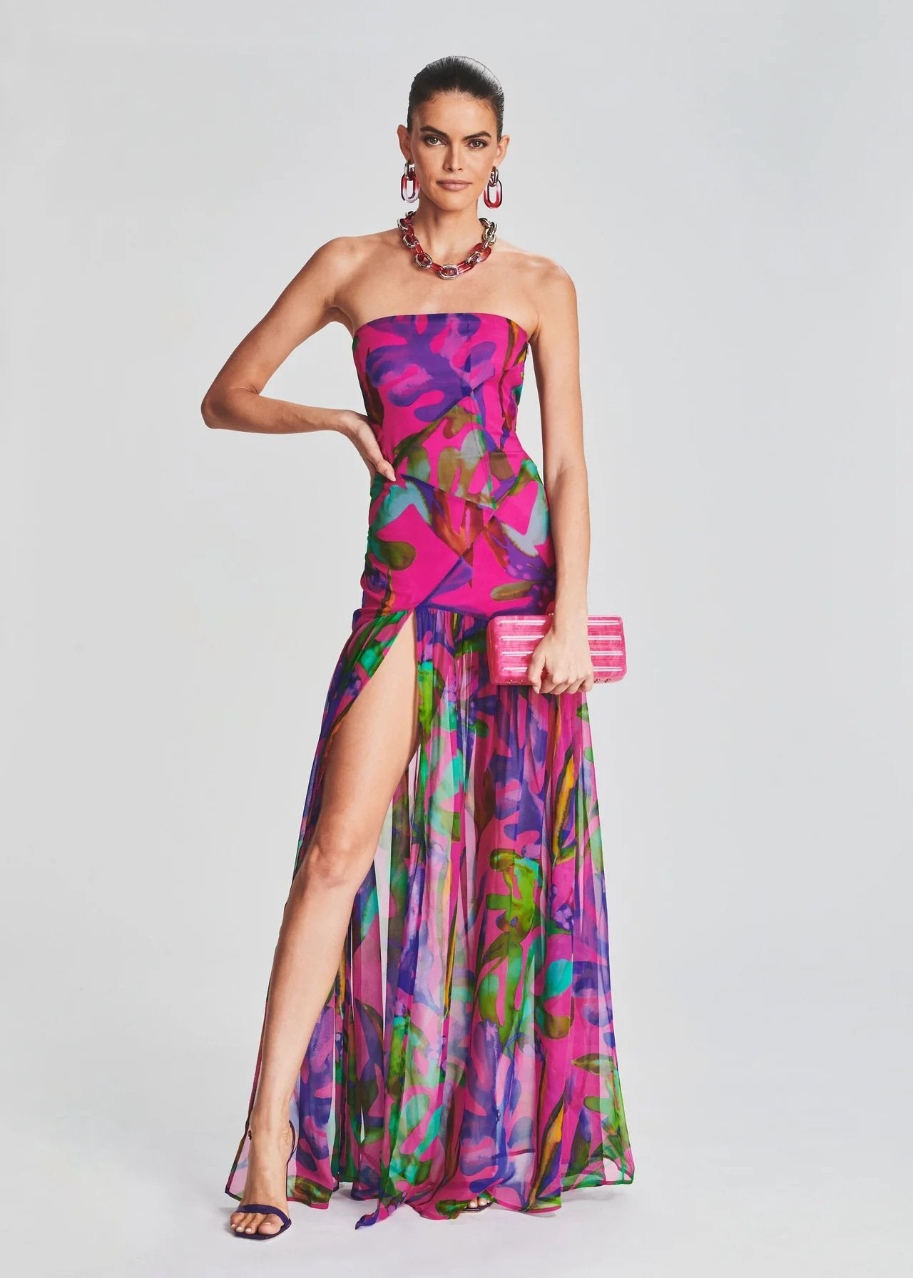 Pam Printed Strapless Slit Maxi Dress
