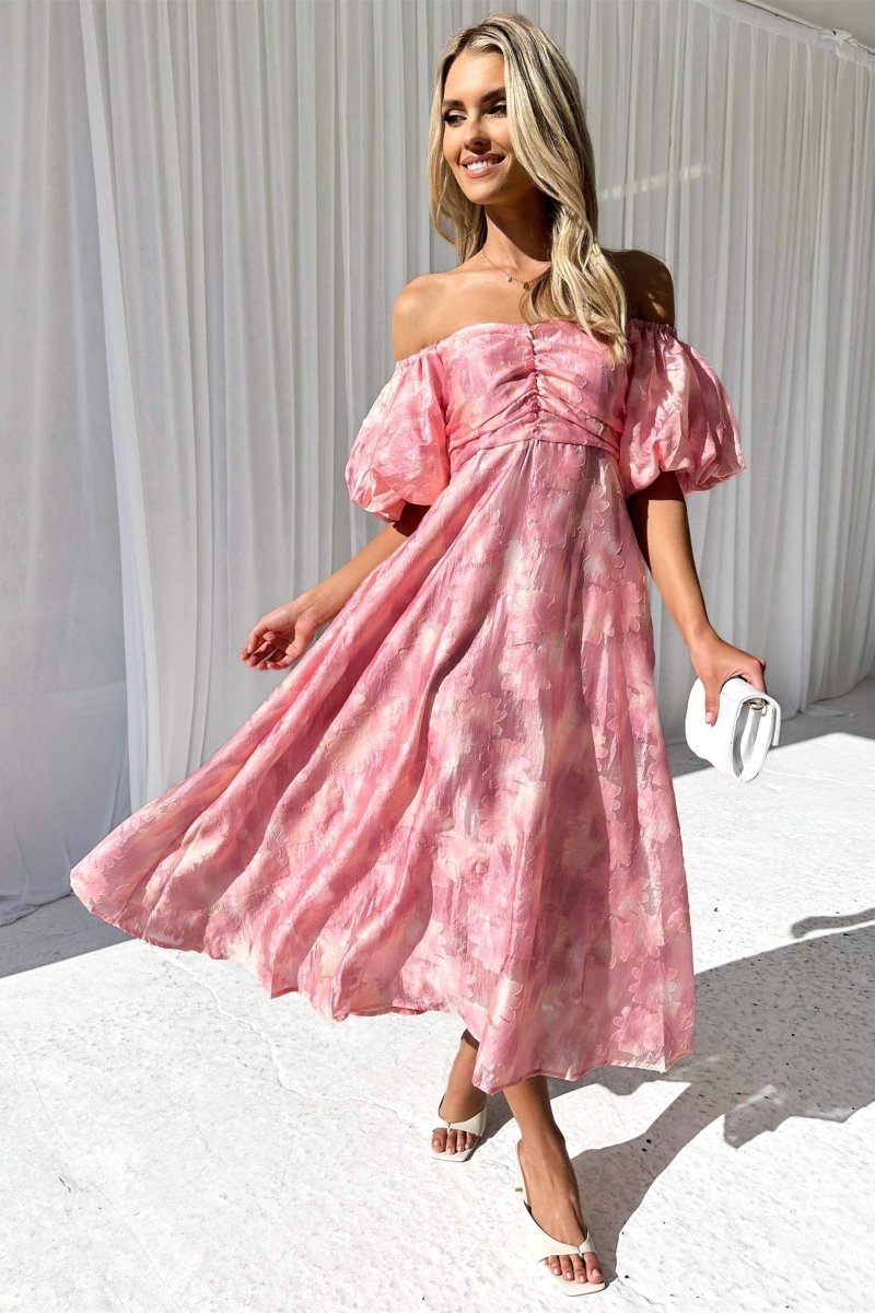 Patricia Off-shoulder Puff Sleeve Midi Dress-Sunfere