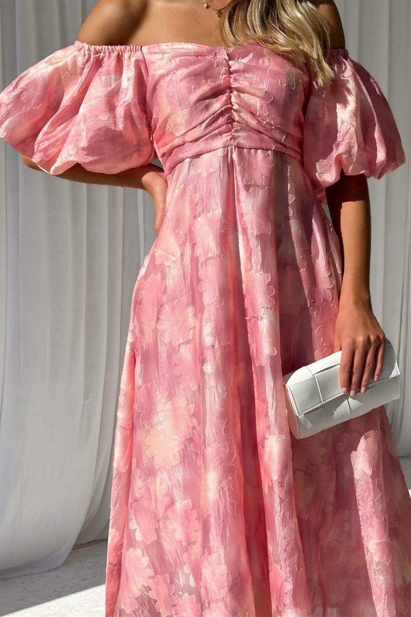 Patricia Off-shoulder Puff Sleeve Midi Dress-Sunfere