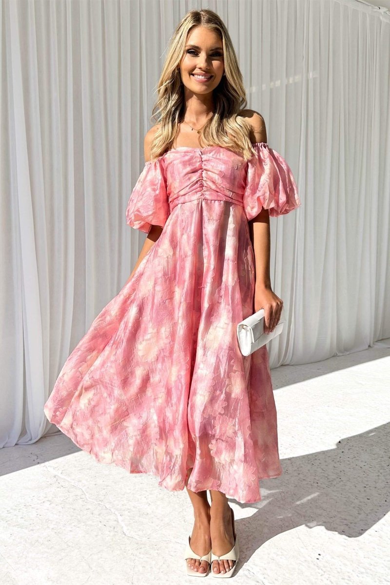Patricia Off-shoulder Puff Sleeve Midi Dress-Sunfere