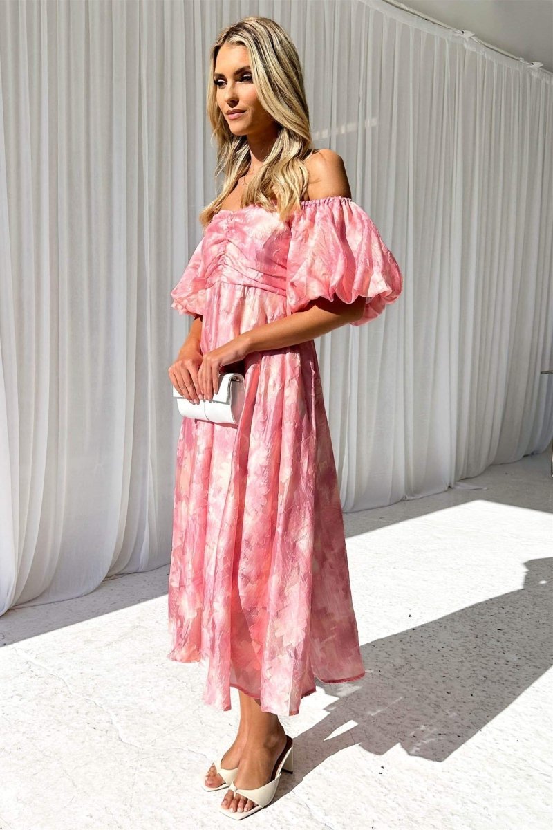 Patricia Off-shoulder Puff Sleeve Midi Dress-Sunfere