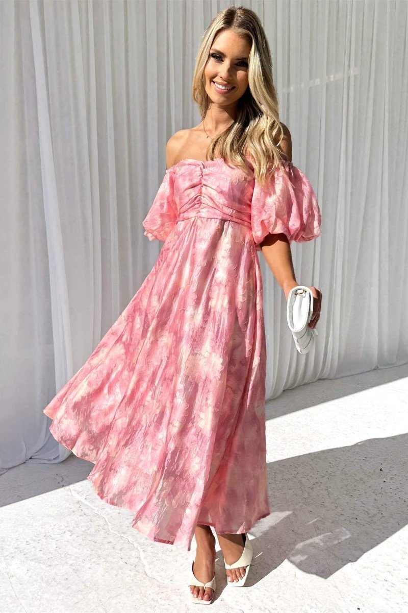 dresses-Patricia Off-shoulder Puff Sleeve Midi Dress-SD00605312856-Pink-S - Sunfere