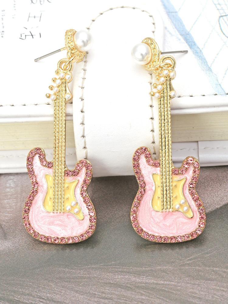 Pink Guitar Diamante Drop Earrings-Sunfere