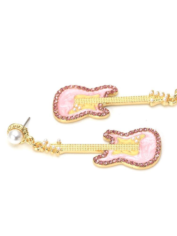 Pink Guitar Diamante Drop Earrings-Sunfere