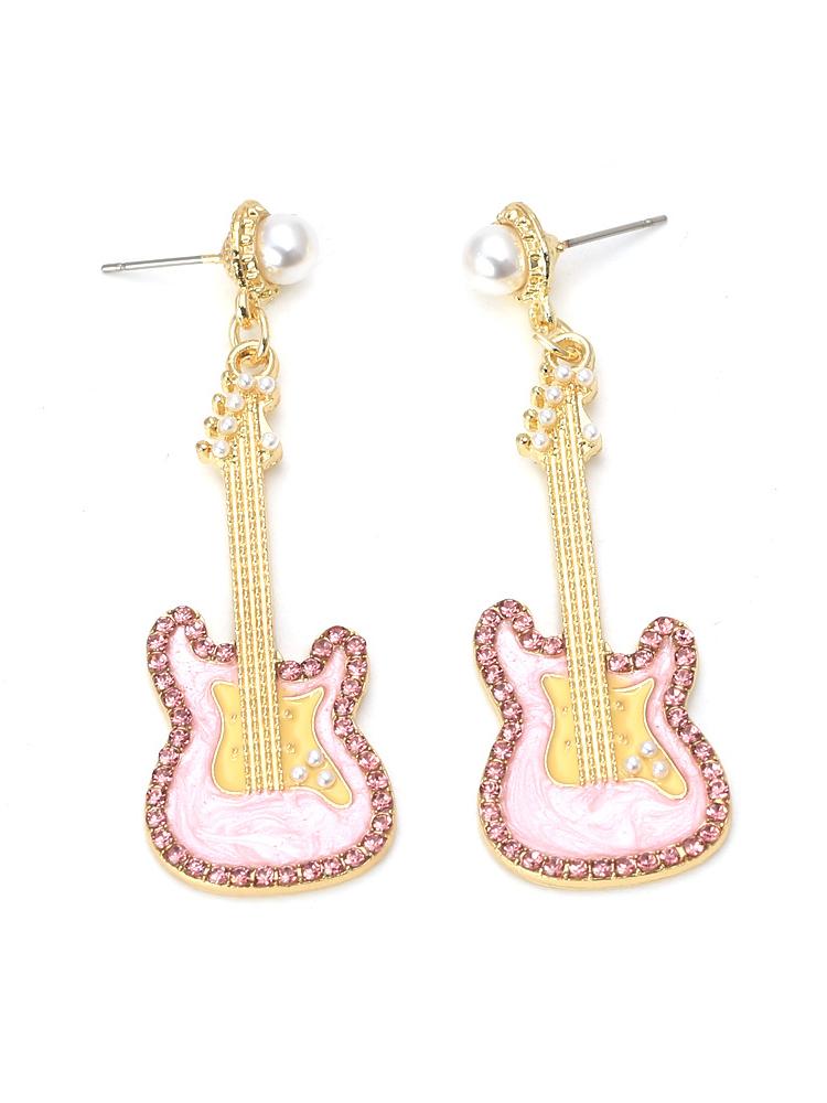 Pink Guitar Diamante Drop Earrings-Sunfere