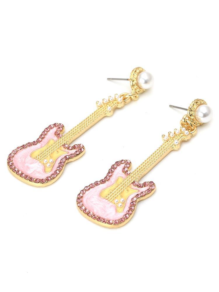 Pink Guitar Diamante Drop Earrings-Sunfere
