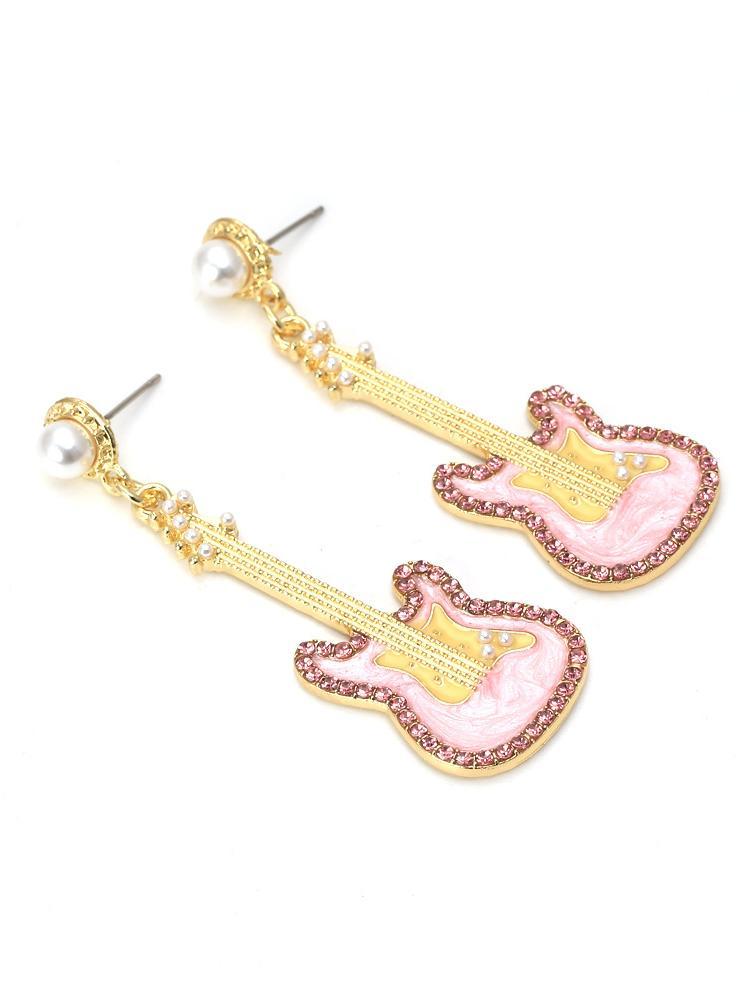 Pink Guitar Diamante Drop Earrings-Sunfere