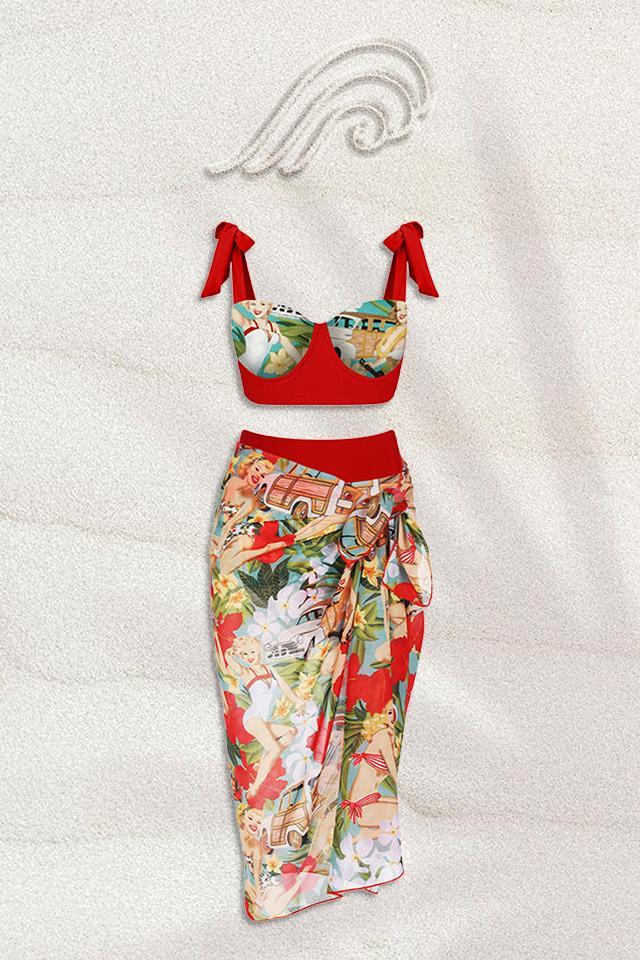 Poppy Retro Printed Three-pieces Swim Set-Sunfere