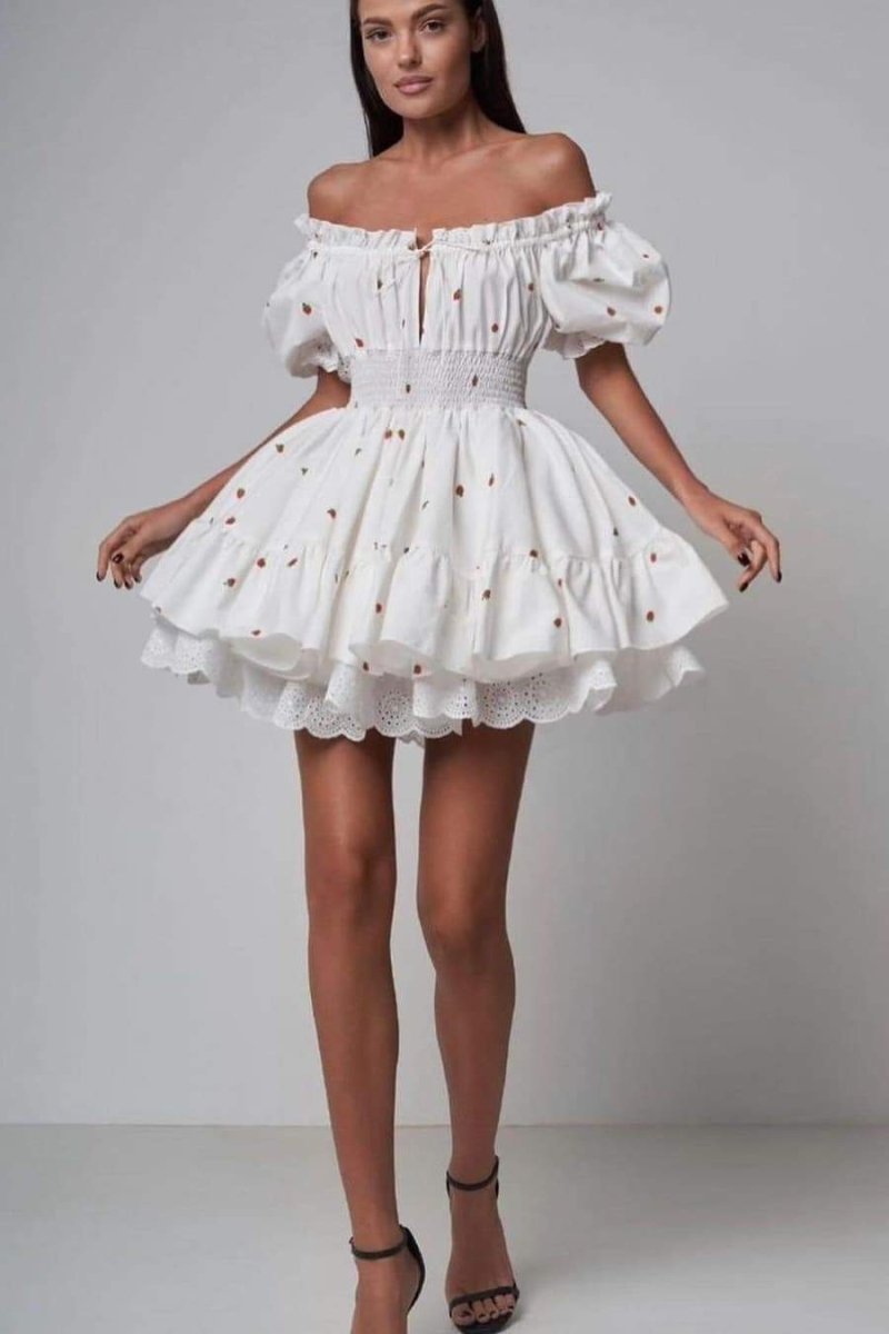 dresses-Rebecca Printed Puff Sleeve Mini Dress-SD00605082770-White-S - Sunfere