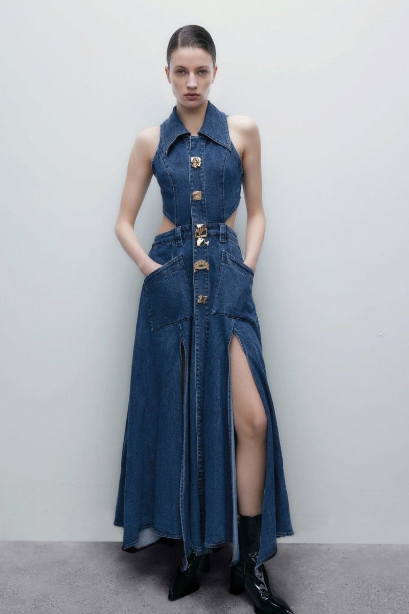 Regina Lapel Collar Cut-out Denim Maxi Dress-Sunfere