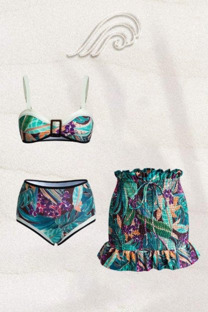 swimwear-Renata Tropical Printed Three-pieces Swim Set-SW00604242724-Green-S - Sunfere