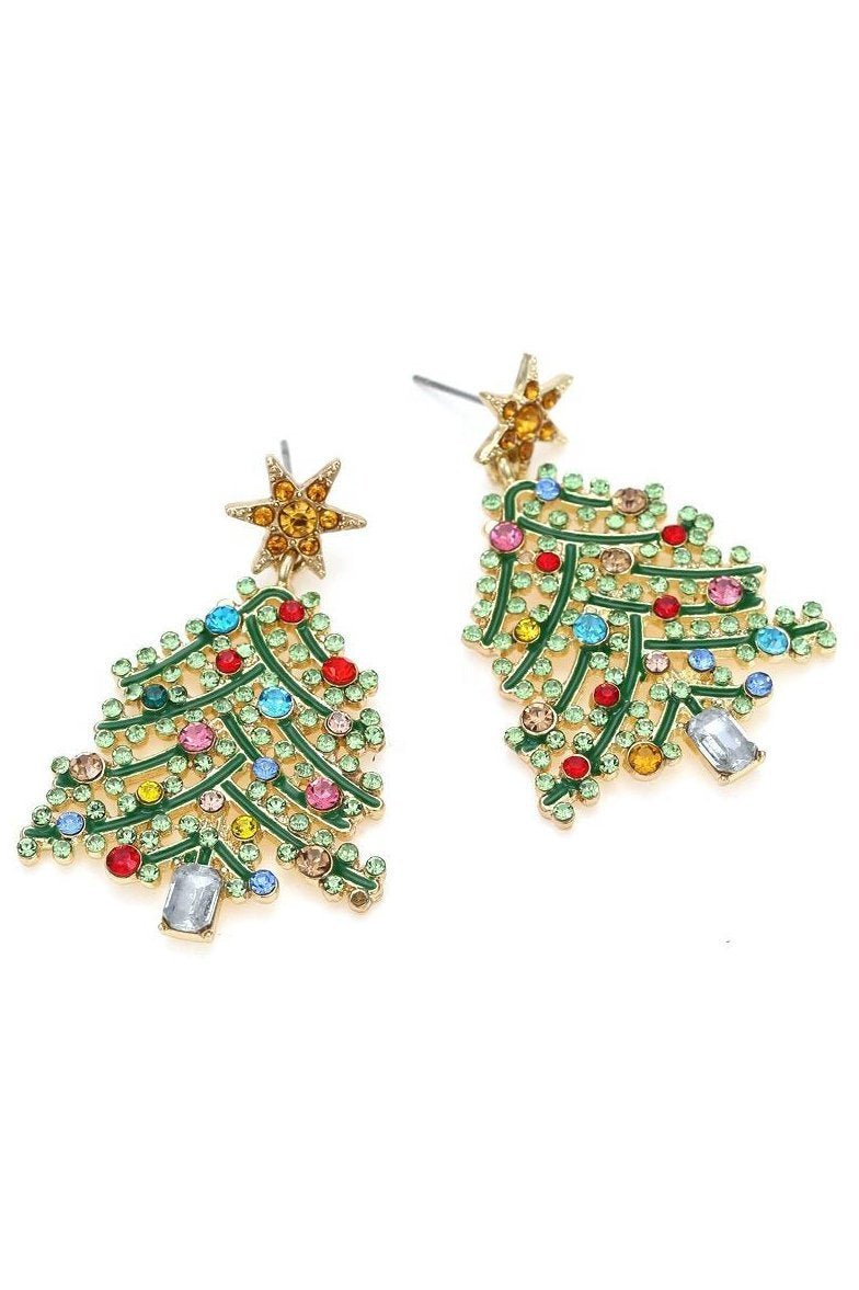 Rhinestone Christmas Tree Drop Earrings-Sunfere