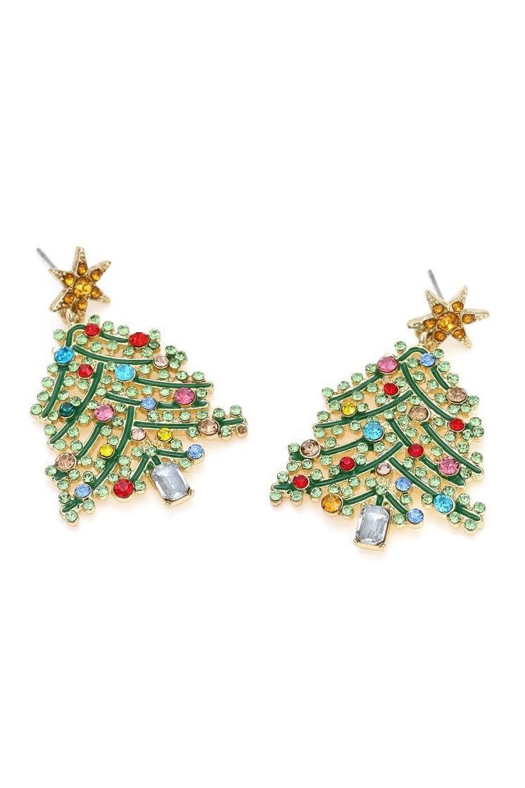 Rhinestone Christmas Tree Drop Earrings-Sunfere