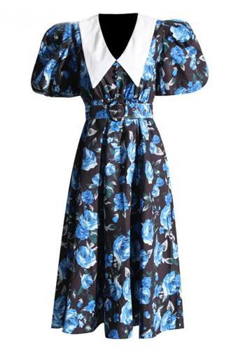 dresses-Riva Printed Peter Pan Collar Midi Dress-SD00605312857-Blue-S - Sunfere