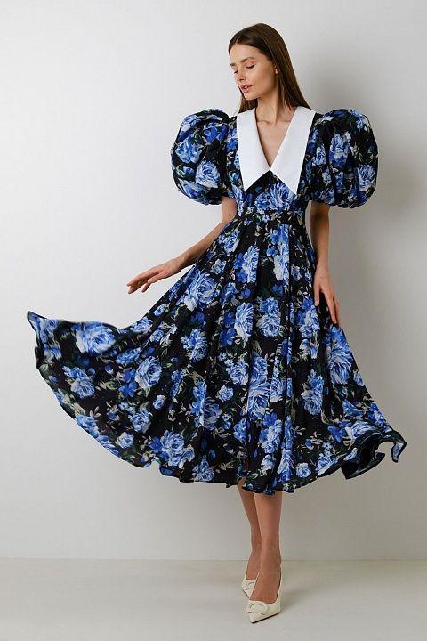 dresses-Riva Printed Peter Pan Collar Midi Dress-SD00605312857-Blue-S - Sunfere