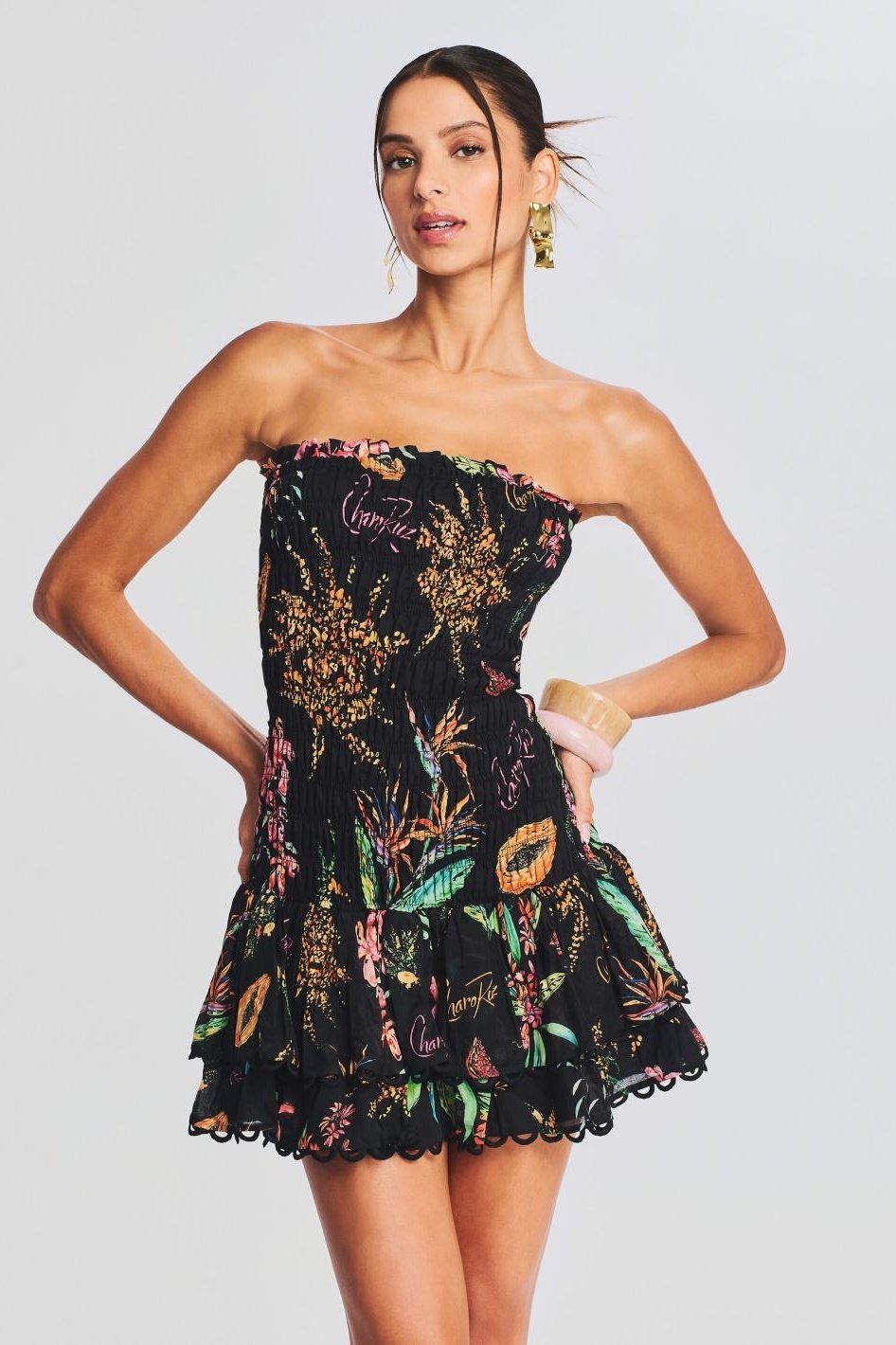 dresses-Rosa Shirred Printed Mini Dress-SD00601232182-Black-S - Sunfere
